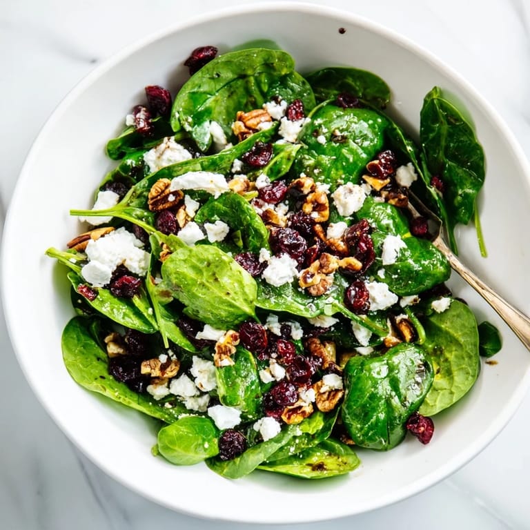 Fresh spinach, tangy goat cheese, and sweet cranberries mingle with crunchy candied pecans in a balsamic vinaigrette for a light lunch.