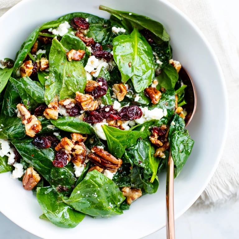 Tender baby spinach is tossed with crumbled goat cheese, chewy cranberries, and glazed pecans, finished with a bright balsamic vinaigrette.