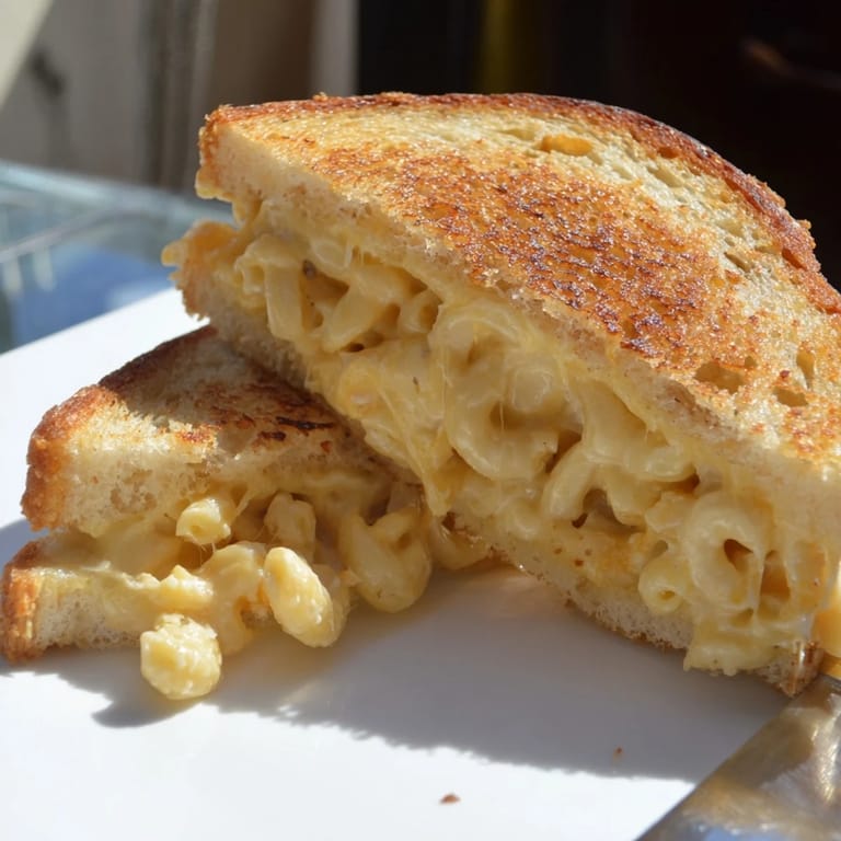 Fork-ready sandwich cut in half reveals gooey mac & cheese grilled cheese layers.
