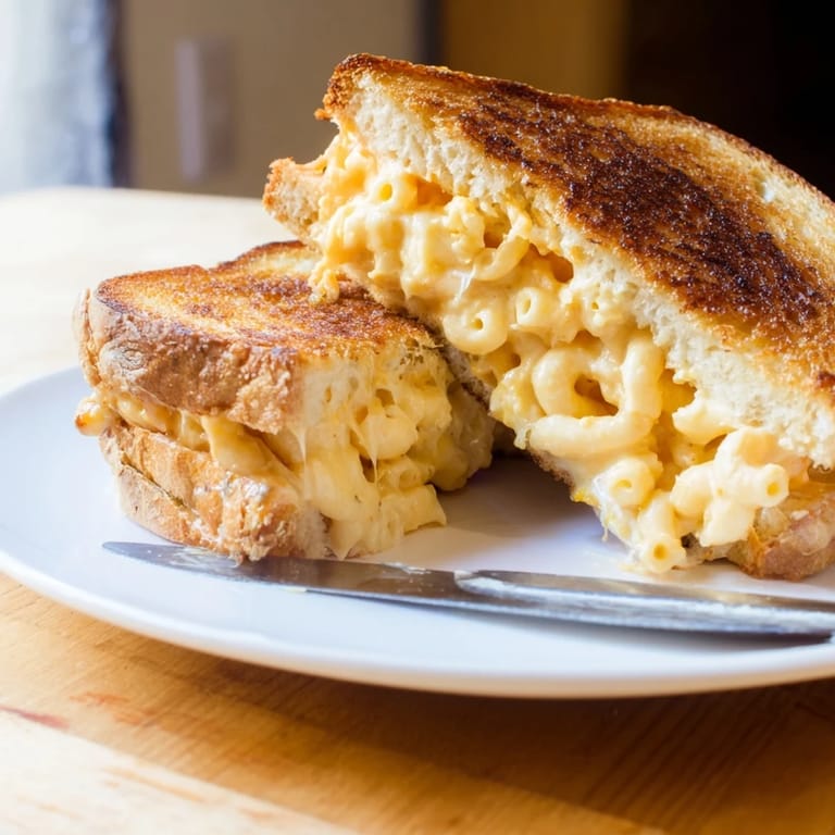 Comfort food grilled cheese stacked high with macaroni and cheese beside a steaming bowl of tomato soup.