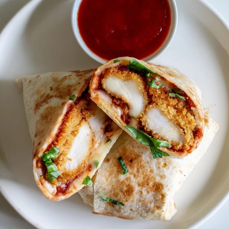 A handheld Crispy Chicken Parm Wrap sliced in half, revealing layers of breaded chicken and rich marinara sauce.