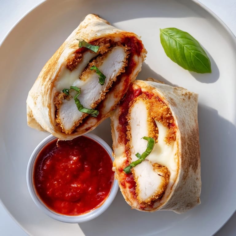 Fresh basil and a side of marinara sauce accompany a warm Crispy Chicken Parm Wrap on a white plate.