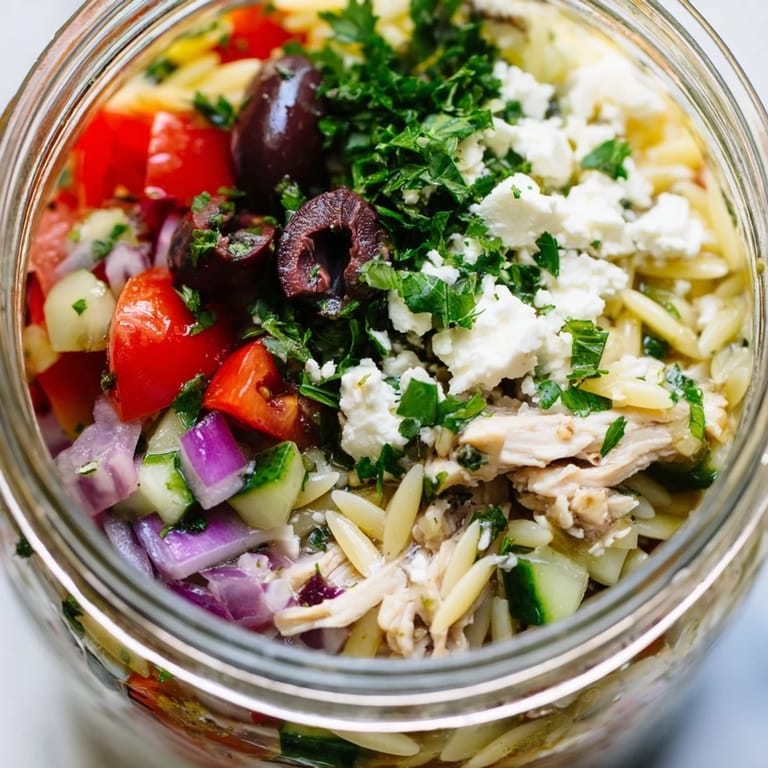 Colorful Greek Pasta Chicken Salad Jars featuring red bell peppers, red onion, and parsley, perfect for a grab-and-go lunch.