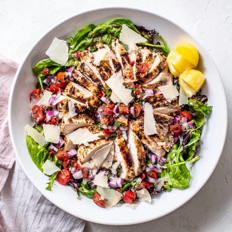 A close-up of vibrant bruschetta chicken salad served on a plate, garnished with lemon wedges and optional shaved Parmesan.  