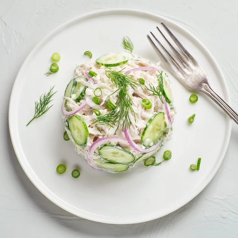 Freshly tossed creamy cucumber chicken salad featuring juicy chicken, red onion, and dill, served chilled in a rustic white bowl.