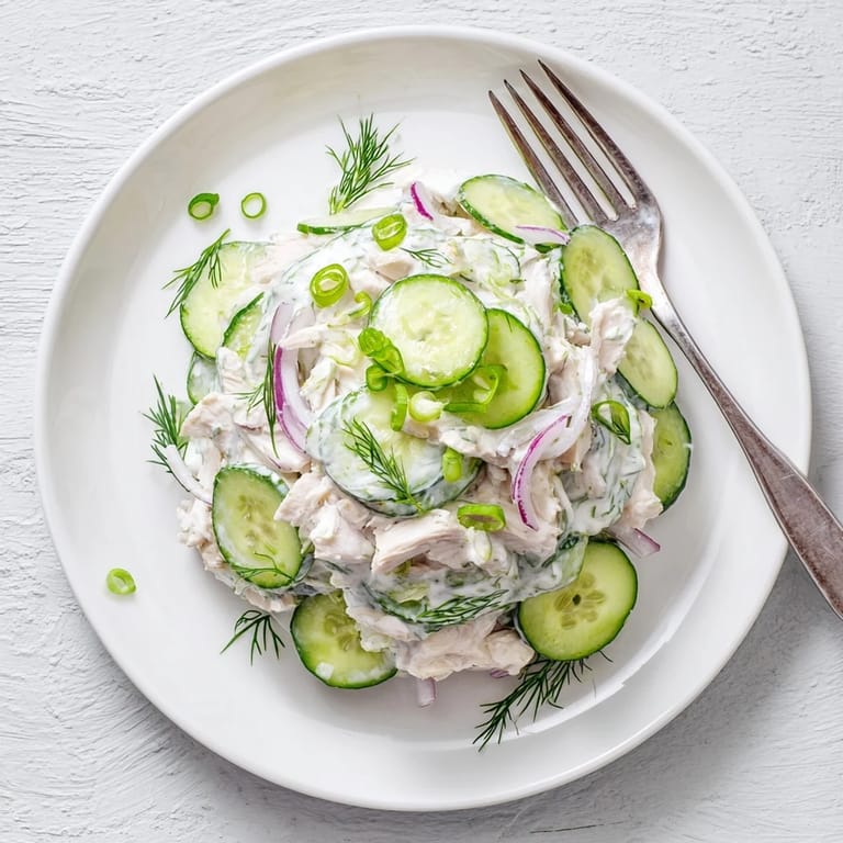 This high-protein creamy cucumber chicken salad is garnished with green onions and dill, perfect for a light lunch or potluck.