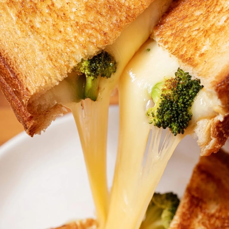 A freshly made Roasted Broccoli & Cheddar Grilled Cheese rests beside a creamy bowl of tomato soup for dipping.