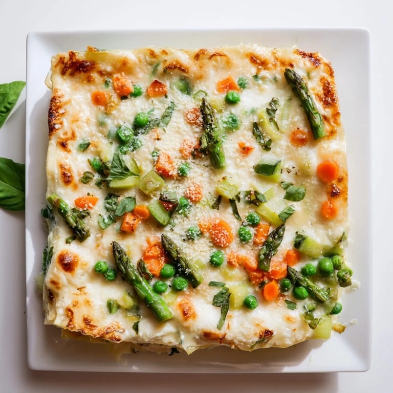 Spring Veggie Alfredo Lasagna garnished with fresh basil on a marble counter, served warm with a side salad and white wine.