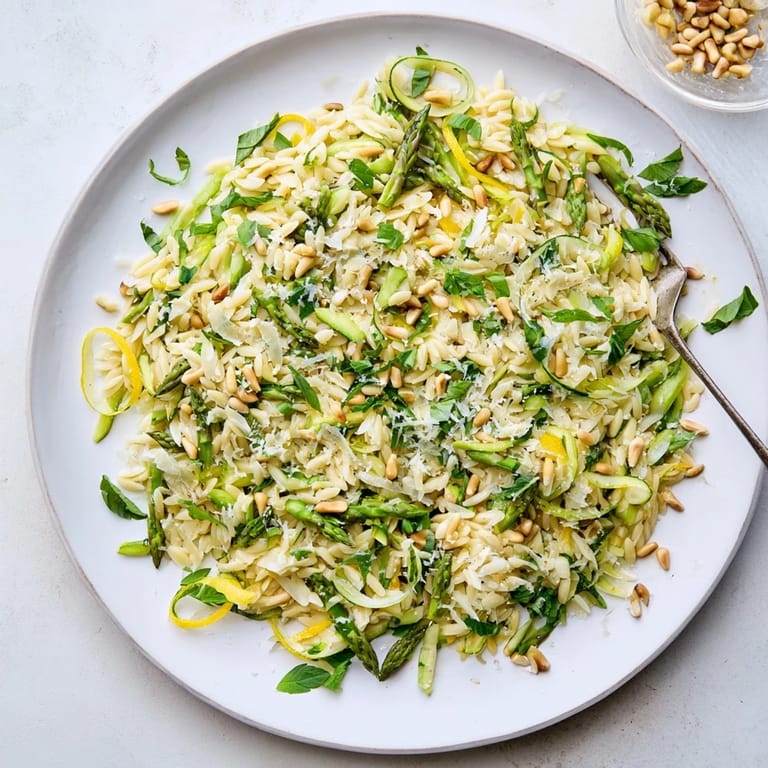 This refreshing Asparagus Lemon Orzo Salad is served in a wide bowl, garnished with fresh parsley and black pepper, perfect for a light Mediterranean-inspired lunch or dinner.