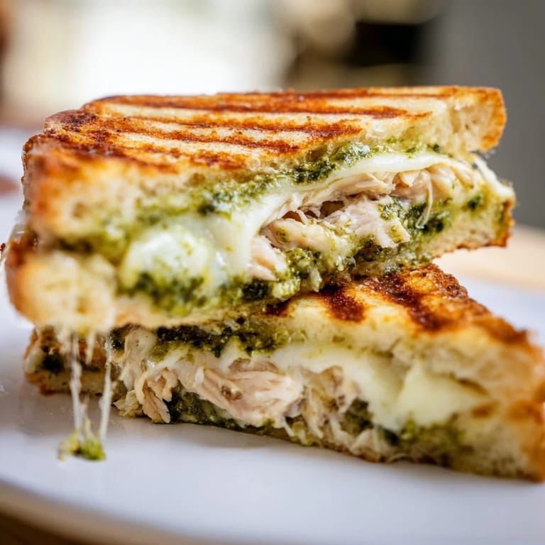 Slices of Mozzarella Pesto Chicken Grilled Cheese on a wooden board, featuring layers of shredded chicken and vibrant green basil pesto spread.