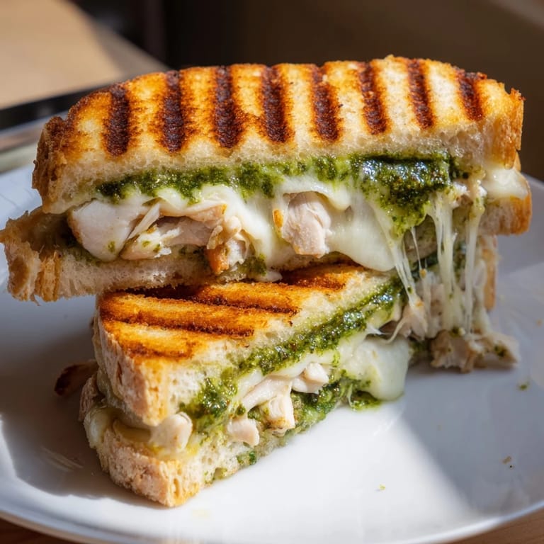 A vibrant open-faced Mozzarella Pesto Chicken Grilled Cheese, revealing juicy chicken, melted mozzarella, and fresh tomato and basil toppings for a savory bite.