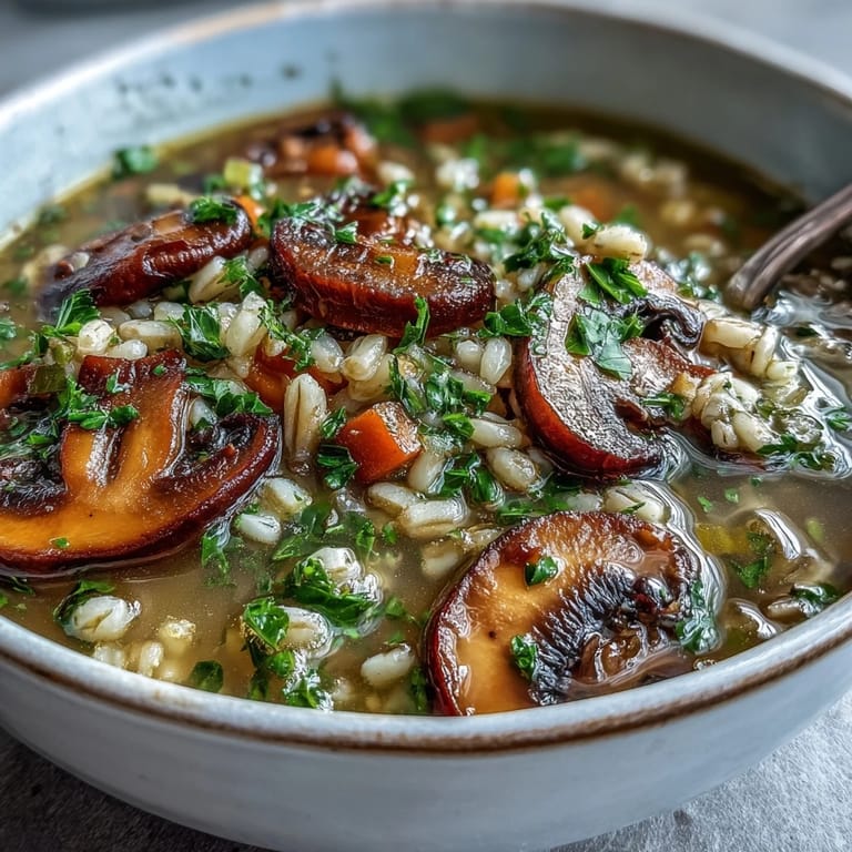 Close-up of Mushroom and Barley Soup in a rustic bowl, highlighting the rich broth, plump barley, and a garnish of parsley and lemon zest.