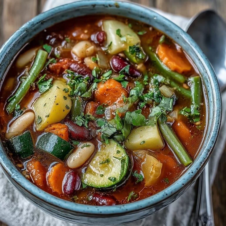 Hearty Minestrone Vegetable Soup simmering in a pot, brimming with colorful carrots, zucchini, beans, and small pasta.