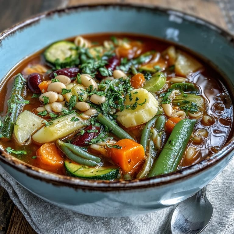 Close-up of ladle serving Minestrone Vegetable Soup, showcasing tender vegetables and beans in a rich tomato broth.
