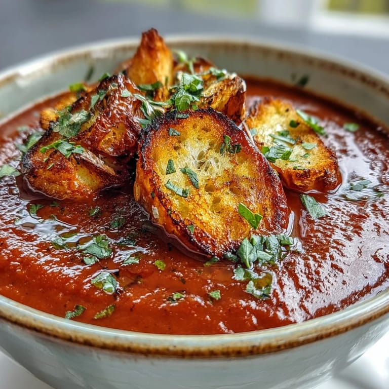 Freshly blended Roasted Tomato Soup With Crispy Croutons served steaming hot in a rustic ceramic bowl, garnished with fresh thyme and a swirl of cream.