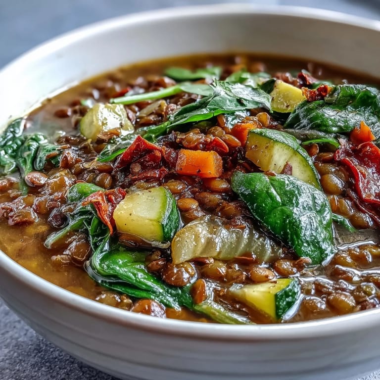 A close-up shows hearty brown lentils and diced carrots in a rich, warmly spiced Lentil and Vegetable Soup, ready to serve.