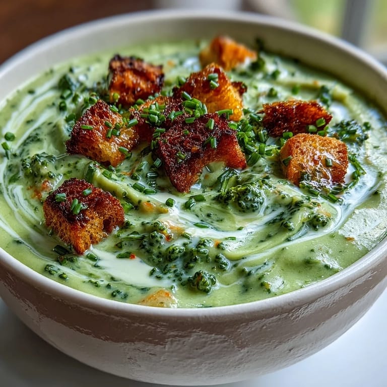 Creamy broccoli soup with a rich green hue and a swirl of cream being ladled into a bowl.