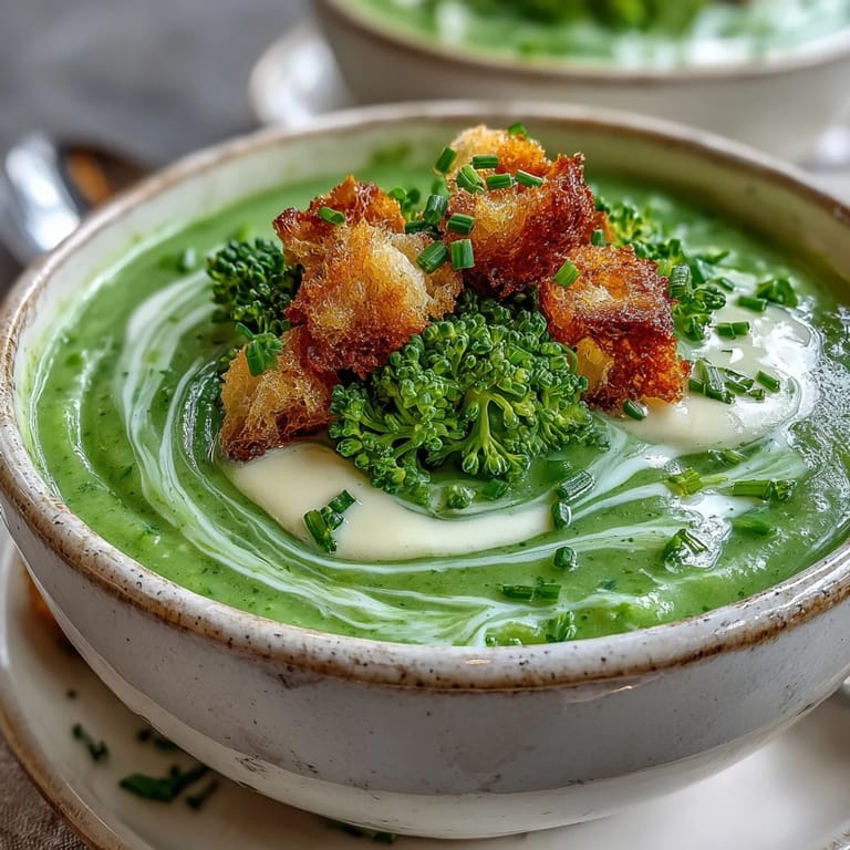 Close-up of creamy broccoli soup showing its smooth texture, served hot in a ceramic bowl.