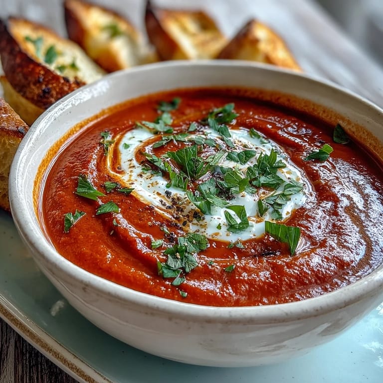 Roasted red pepper soup in a rustic bowl, garnished with green herbs and a swirl of cream.