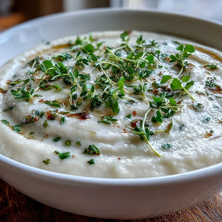Close-up of creamy Celery Root Bisque with a delicate drizzle of truffle oil, ideal for elegant gatherings.