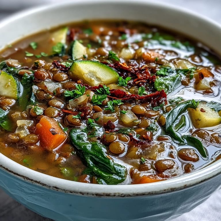 Rustic pot of hearty Lentil Soup simmering with carrots, celery, spinach, and smoked paprika spices.