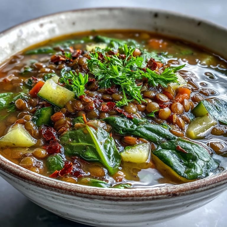 Close-up of vibrant Lentil Soup featuring tender lentils, diced zucchini, and wilted greens in a rich vegetable broth.