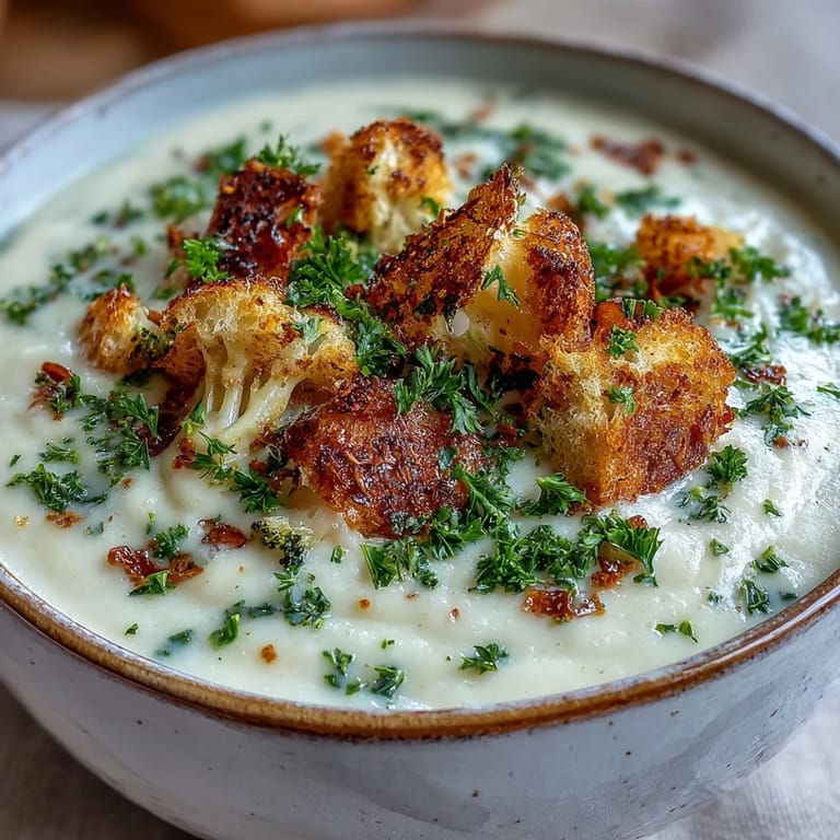 Thick Cauliflower and Broccoli Soup with rich vegetable flavors, topped with garlic croutons and fresh parsley for texture.