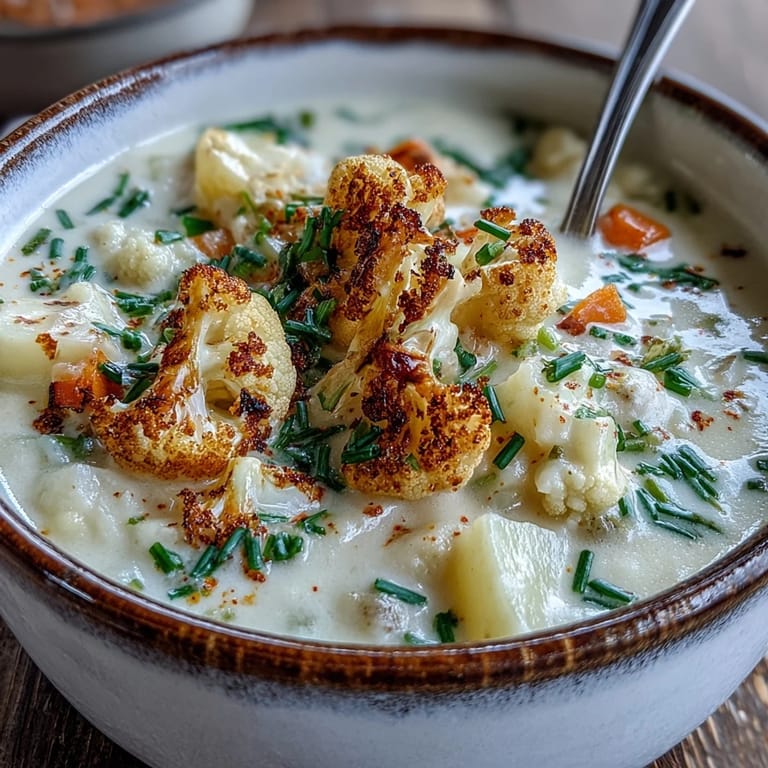 Steaming pot of Vegetarian Cauliflower Chowder with tender cauliflower, potatoes, and carrots on a rustic kitchen counter.