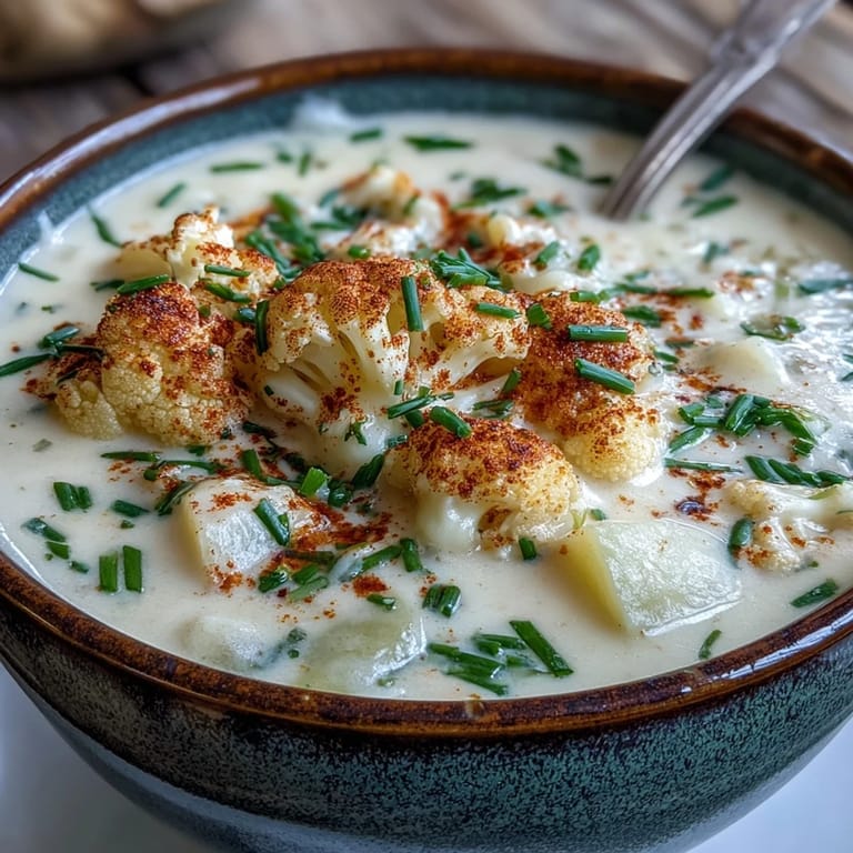 Close-up of Vegetarian Cauliflower Chowder showing velvety broth and diced vegetables, garnished with parsley for a cozy meal.