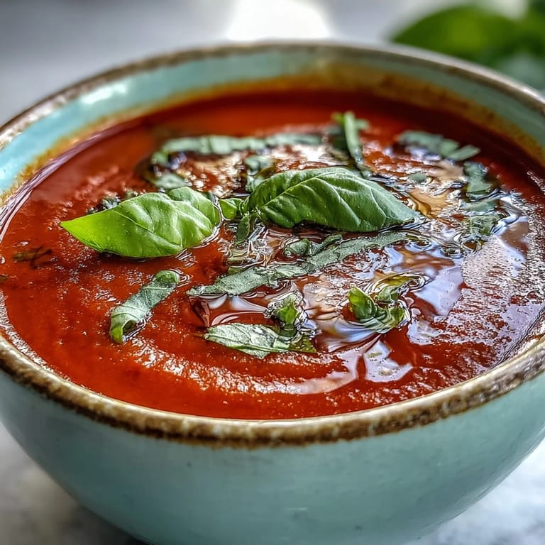 Steaming bowl of Tomato and Basil Soup with crusty bread on the side, ready for dipping on a cozy lunch table.