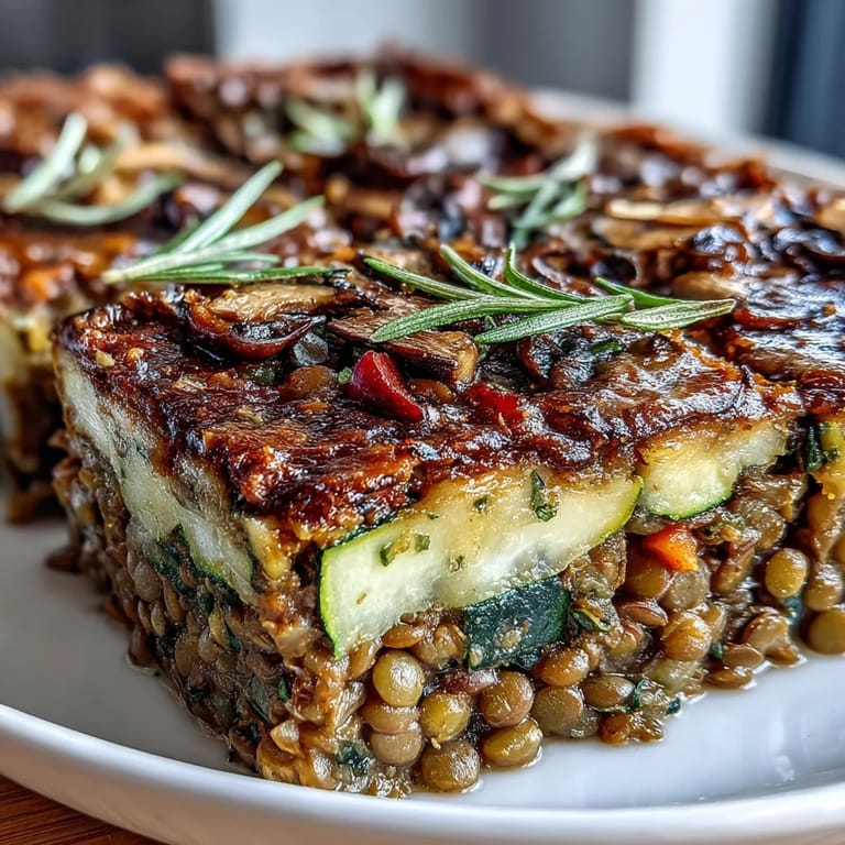 A close-up slice of Green Lentil and Vegetable Casserole revealing hearty lentils, carrots, zucchini, and spinach in a rich sauce.