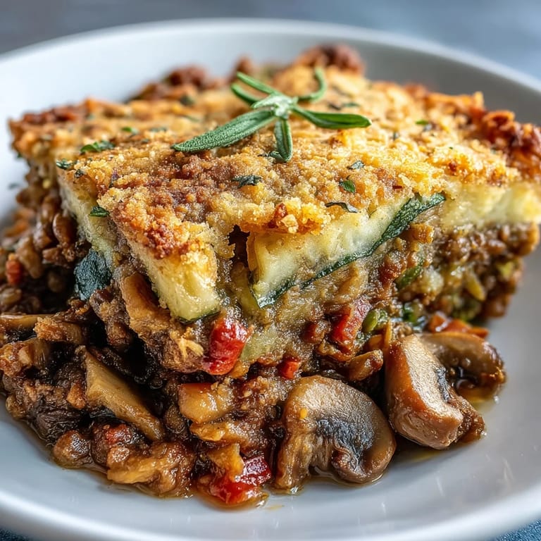 Serving of Green Lentil and Vegetable Casserole on a white plate alongside a fresh salad and gluten-free bread.
