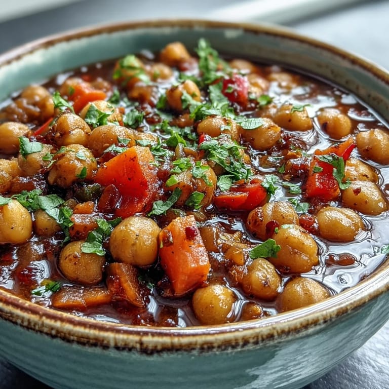 Steaming pot of Spicy Chickpea Stew with visible carrots and chickpeas in a rich tomato broth.