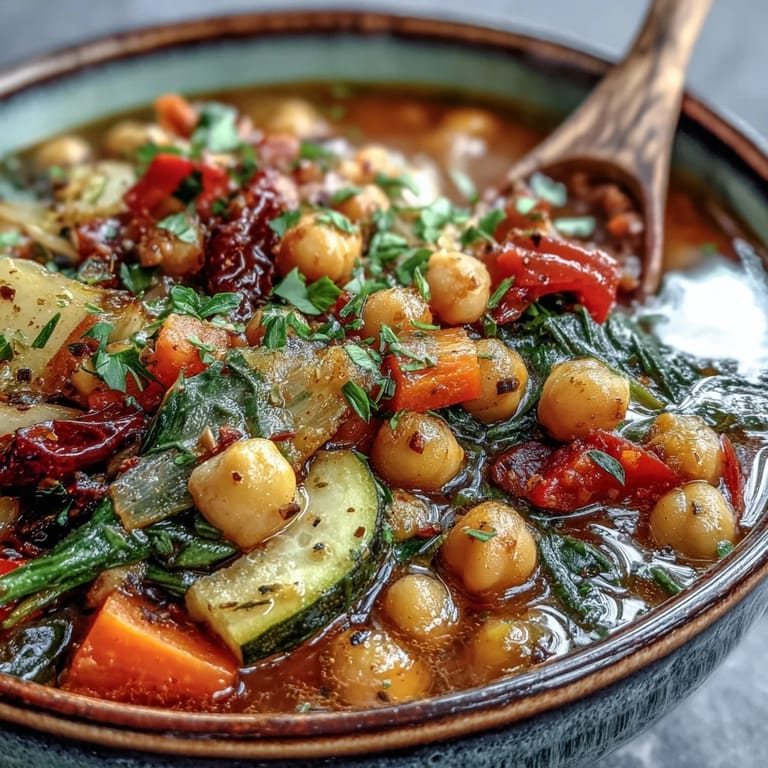 A ladle serving Chickpea Stew into a bowl with crusty bread, showing a rich tomato broth.