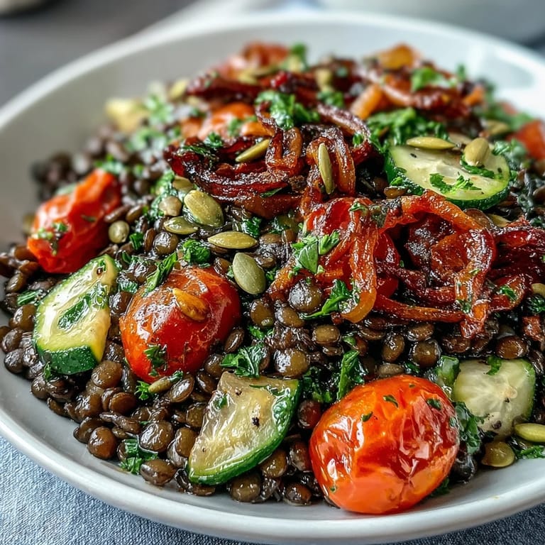 Colorful bowl of Black Lentil Salad with feta crumbles, fresh herbs, and seeds, perfect for a healthy Mediterranean meal.