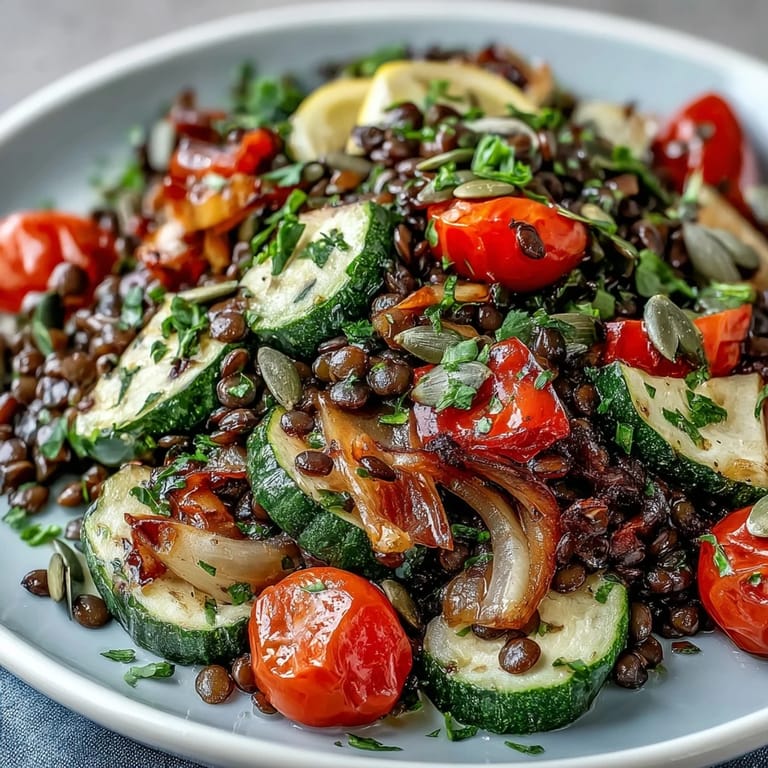 Hearty vegetarian Black Lentil Salad featuring tender Beluga lentils and caramelized vegetables, served as a wholesome, gluten-free main dish.