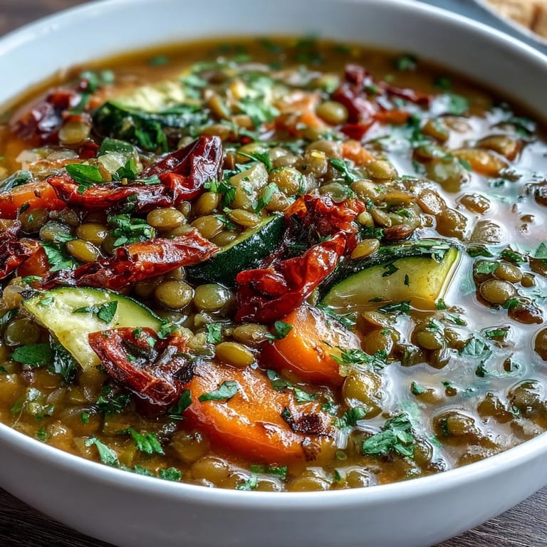 Steam rises from a hearty bowl of Lentil and Vegetable Soup, garnished with fresh parsley and a lemon wedge, ready to serve.
