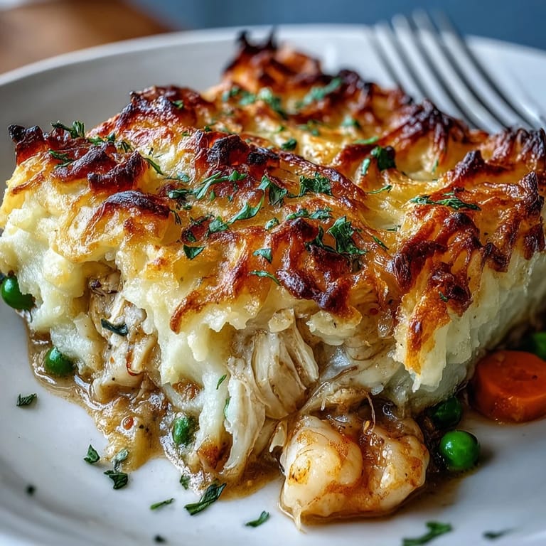 Steam rises from a spoonful of Curried Fish Pie revealing tender fish chunks in a spiced yellow sauce.