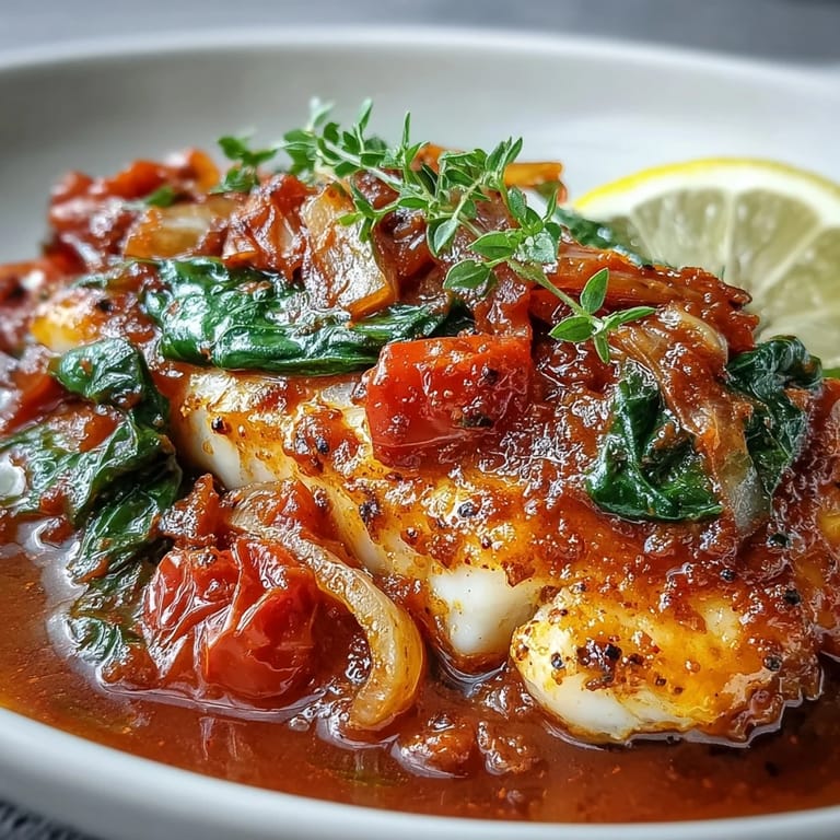 Close-up of Spiced Cod One Pot showing flaky white cod fillets nestled in a rich, warming sauce with visible cumin and smoked paprika.