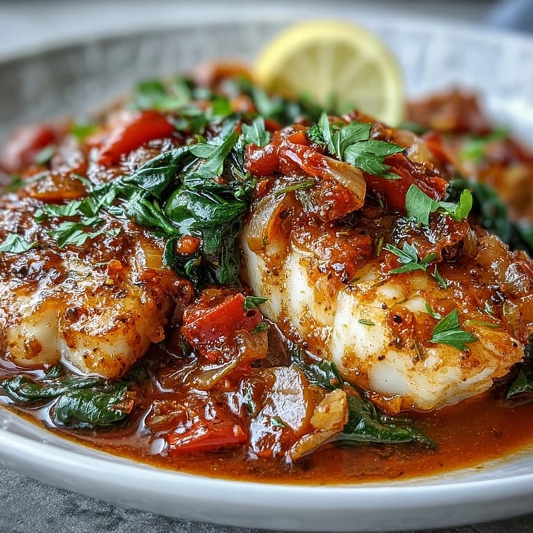 A skillet of Spiced Cod One Pot placed on a rustic table with lemon wedges and crusty bread for dipping into the aromatic broth.
