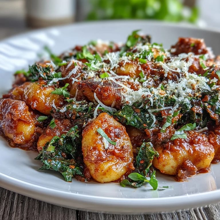 Sausage Gnocchi with Kale steaming on a skillet, spoon lifting a cheesy bite with vibrant greens, ideal for dinner.