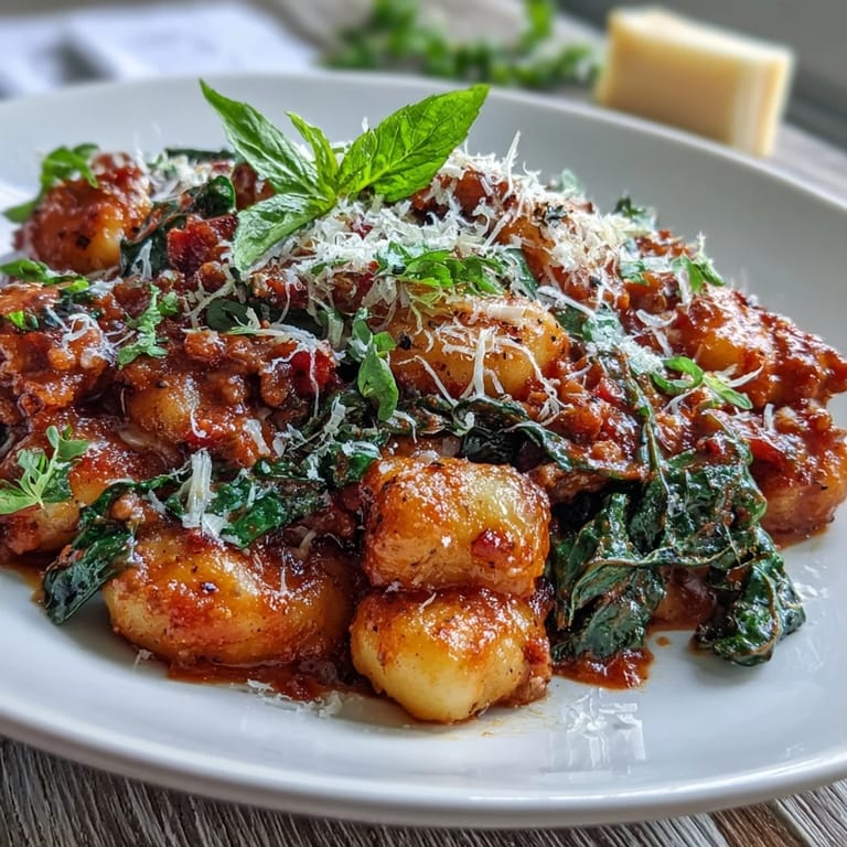 Plate of Sausage Gnocchi tossed with spicy Italian sausage, wilted kale, and diced tomatoes, ready to be enjoyed.