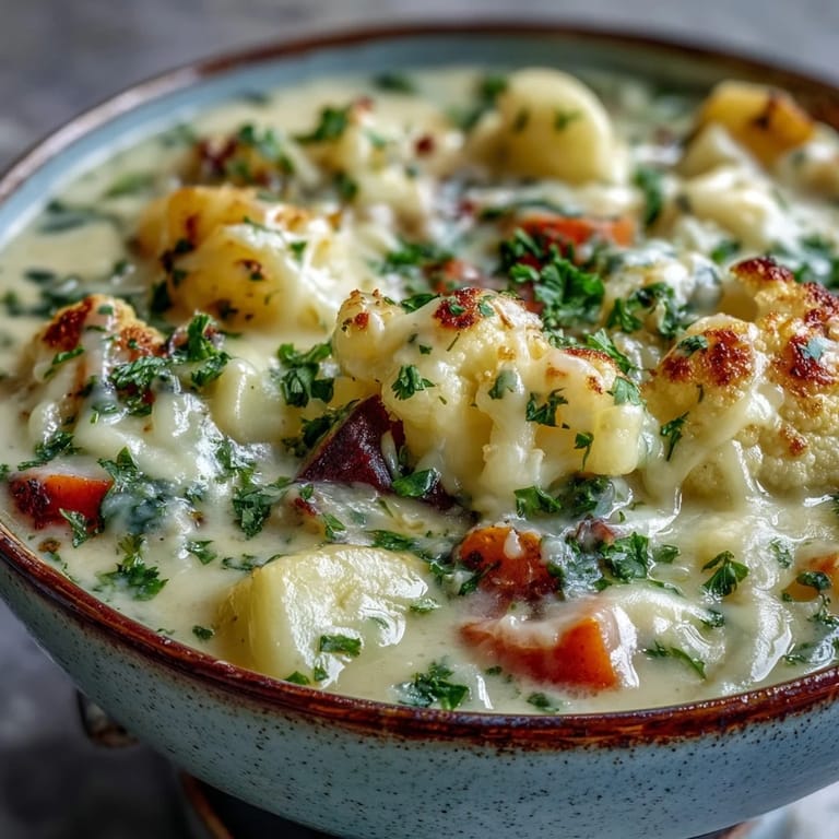 Steaming bowl of Vegetarian Cauliflower Chowder, garnished with red pepper flakes and cheese.