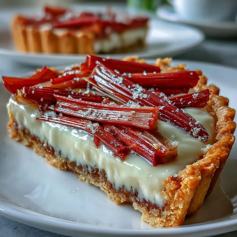A sliced Rhubarb, White Chocolate, and Elderflower Tart reveals a creamy custard center, perfect for a spring dessert buffet.