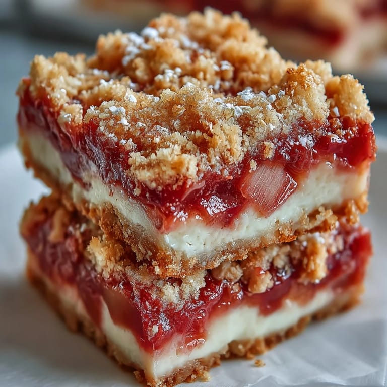 Rustic Rhubarb and Custard Crumble Bars served on a ceramic plate with a dusting of powdered sugar, perfect for an afternoon tea dessert.