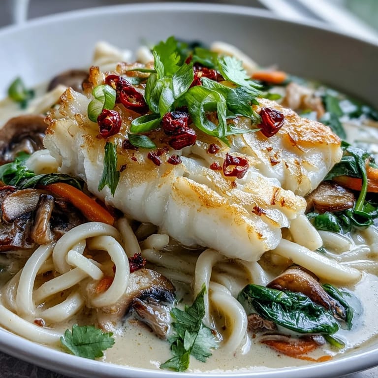Flaky white fish and udon noodles soaking up a creamy, aromatic curry broth, topped with vibrant julienned carrots and greens.