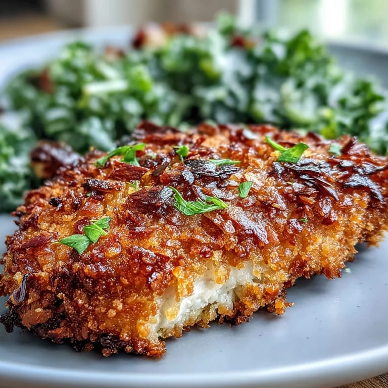 Crunchy almond-crusted chicken breast plated with vibrant marinated kale and sumac salad for a wholesome dinner.