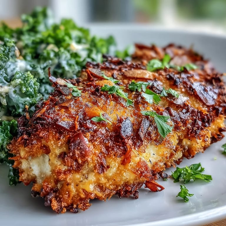 Freshly baked almond-crusted chicken with marinated kale and sumac salad featuring toasted almonds and parsley garnish.