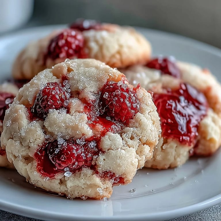 Hand holding one Soft Chewy Raspberry Sugar Cookie, crumbly sparkled top, jammy berry bursts, ready for dessert or an afternoon treat.