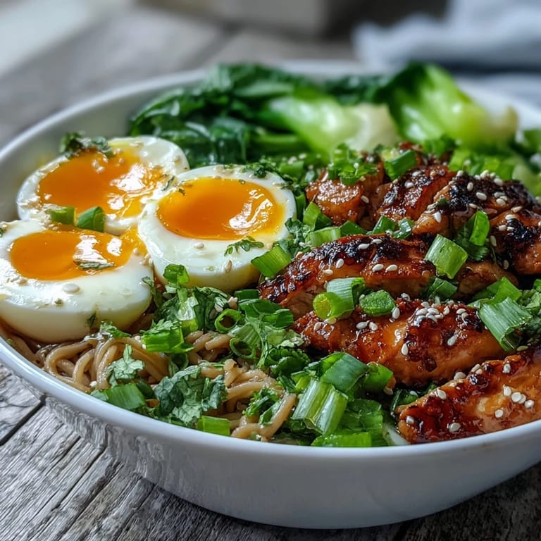Healthy Miso Chicken Noodle Bowls plated with julienned carrots, snow peas, and shiitake mushrooms, ready to be enjoyed with chopsticks.